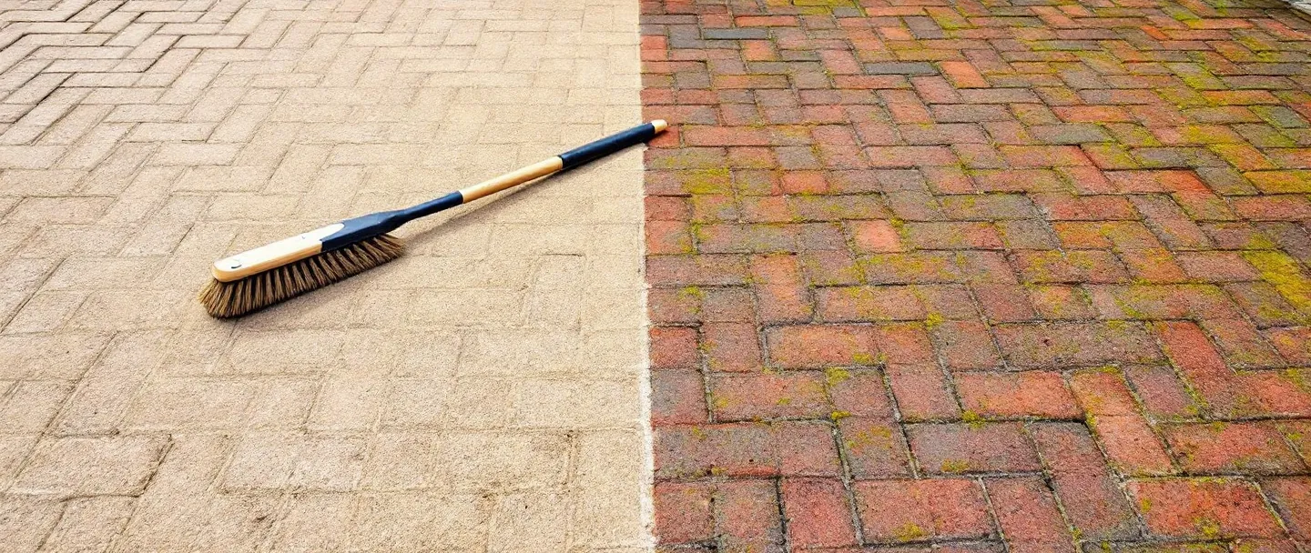 Block paving half cleaned, showing the difference after restoration