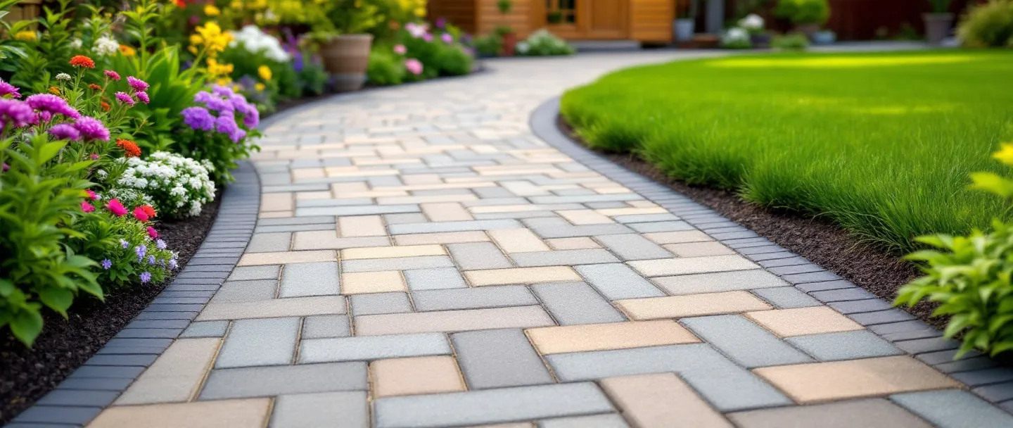 Block paving garden path between planted borders