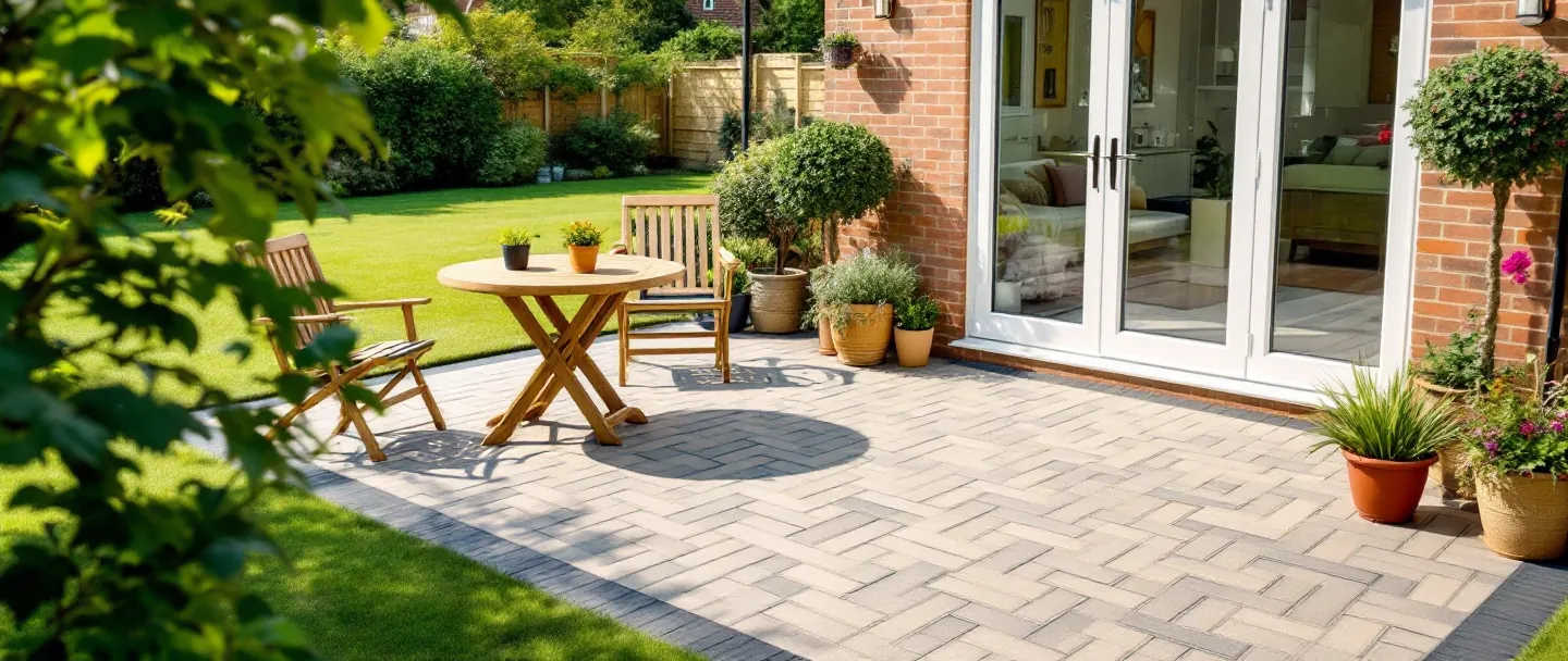 Block paving patio with a border course in a back garden