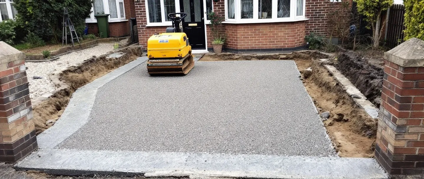Driveway dug out with a compacted stone sub-base ready for block paving